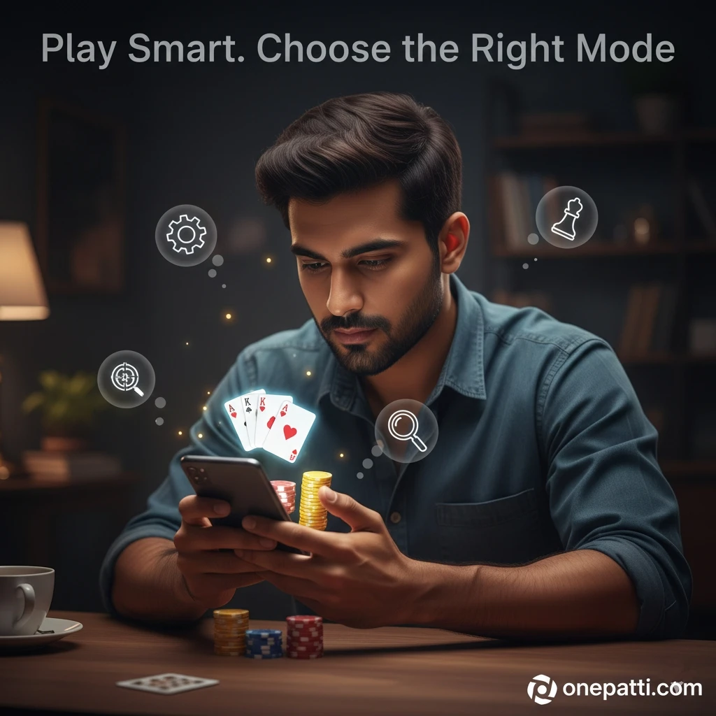 Player analyzing Teen Patti Master game on mobile phone focusing on strategy and smart decision making